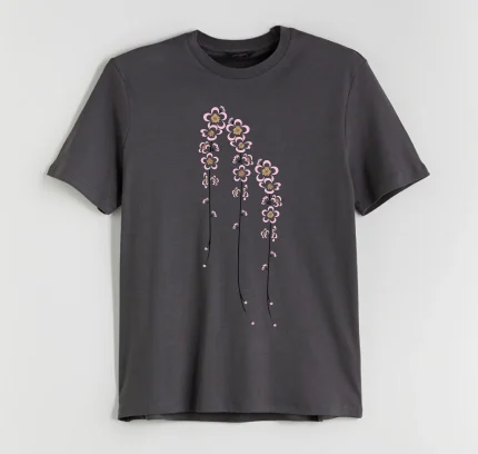 Grey Color Cotton ladies T-shirt dtf pink flower